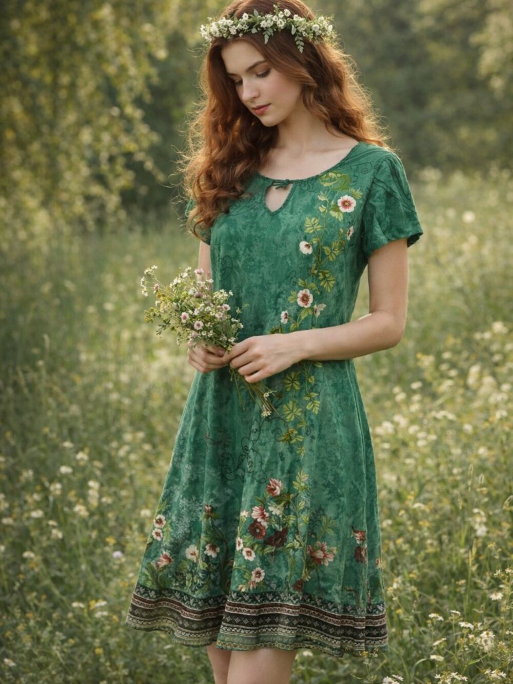 Hotouch Green Floral Fairycore Shift Dress Keyhole Neck Flutter Sleeves M